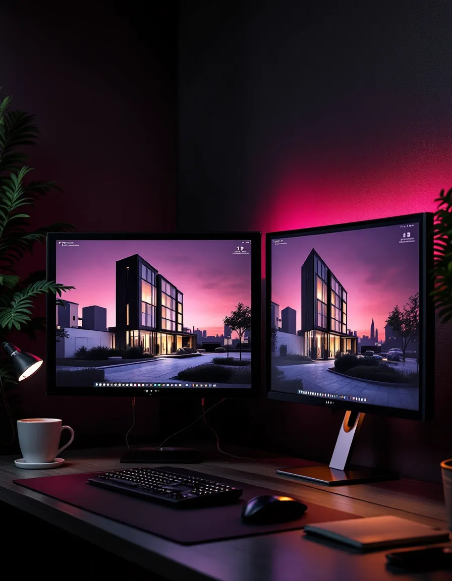 A darkened render studio with two calibrated monitors showing a photoreal dusk building render