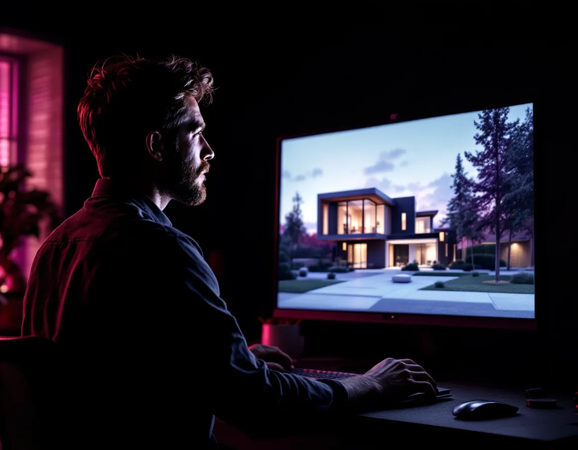 A visualization artist reviewing an exterior render on a calibrated monitor