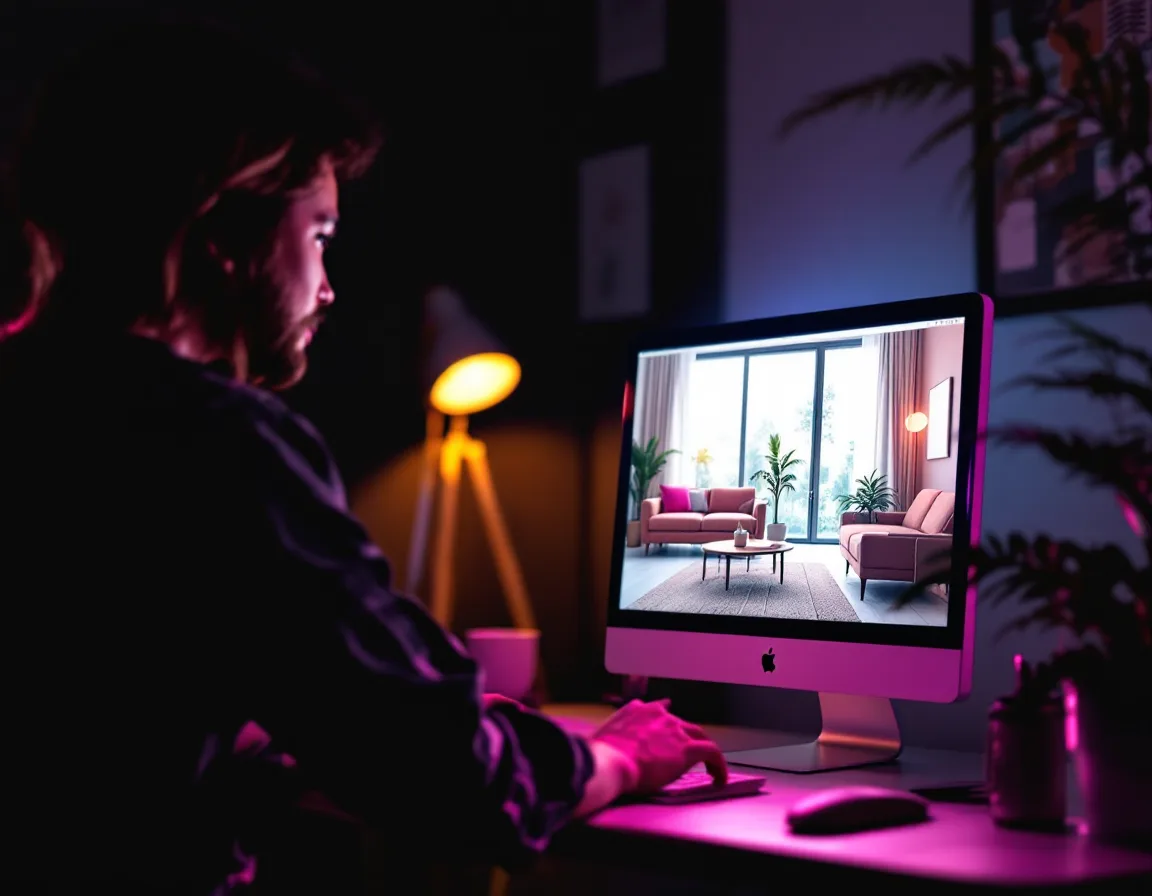 An interior staging artist arranging a virtual living room render on screen