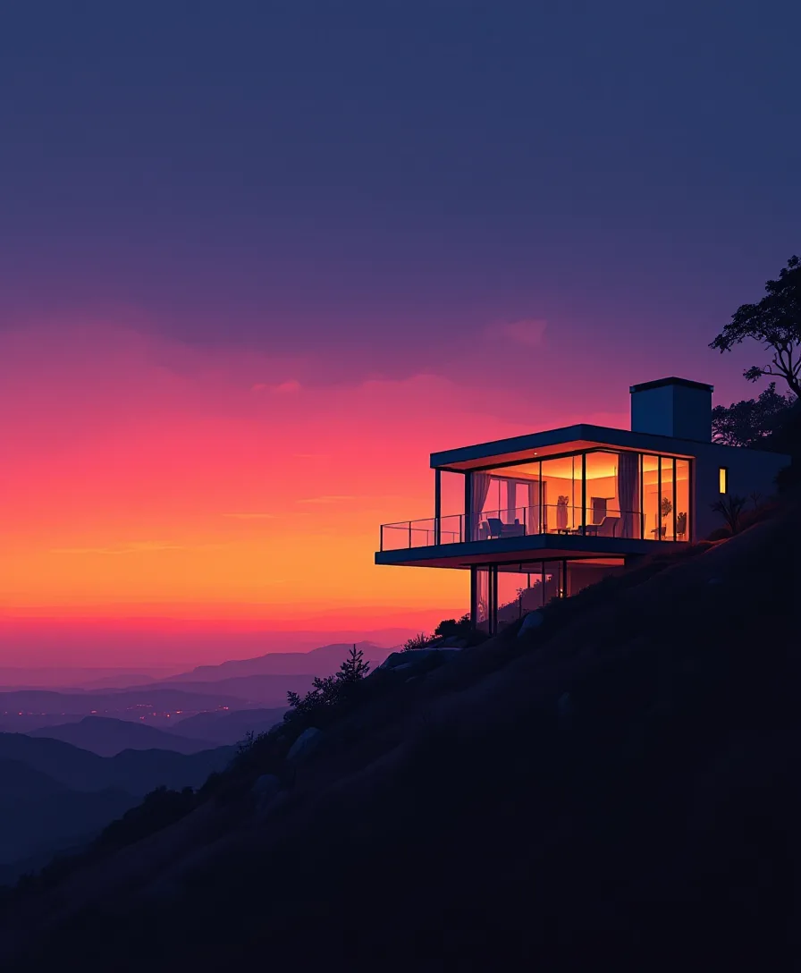 Twilight render of a modern residence with warm interior glow against a magenta sky